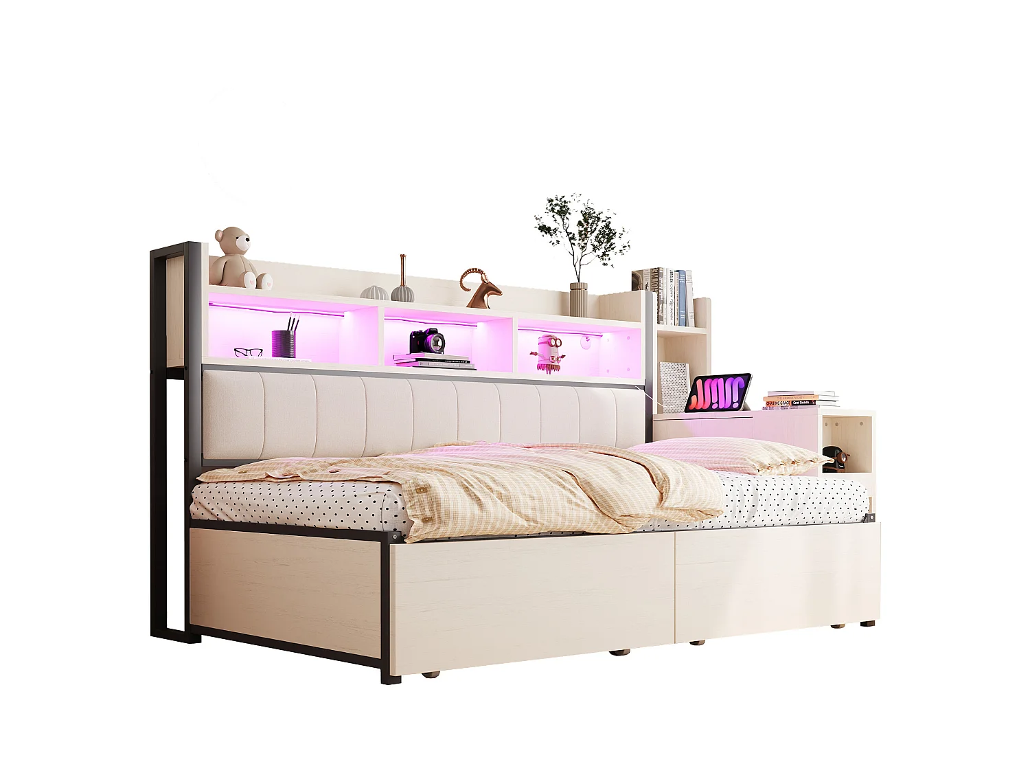 Canapé-lit en fer 90 x 200 cm - avec étagère de rangement + prise + Leds + 2 tiroirs + bureau coulissant - bois + métal - blanc