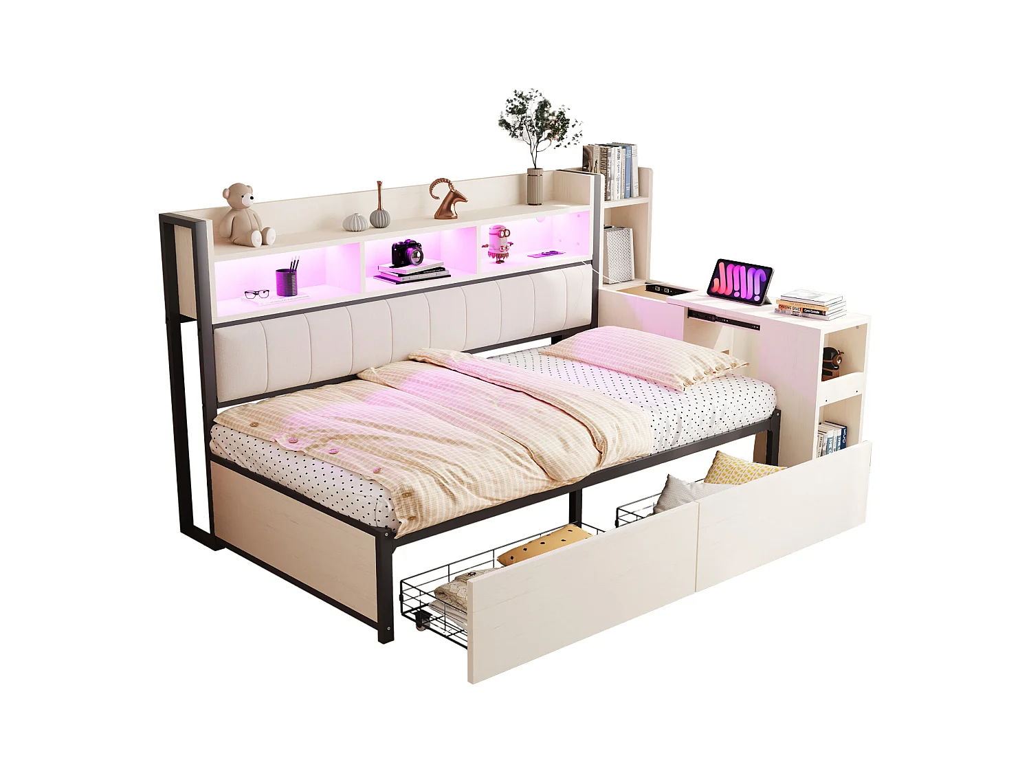 Canapé-lit en fer 90 x 200 cm - avec étagère de rangement + prise + Leds + 2 tiroirs + bureau coulissant - bois + métal - blanc