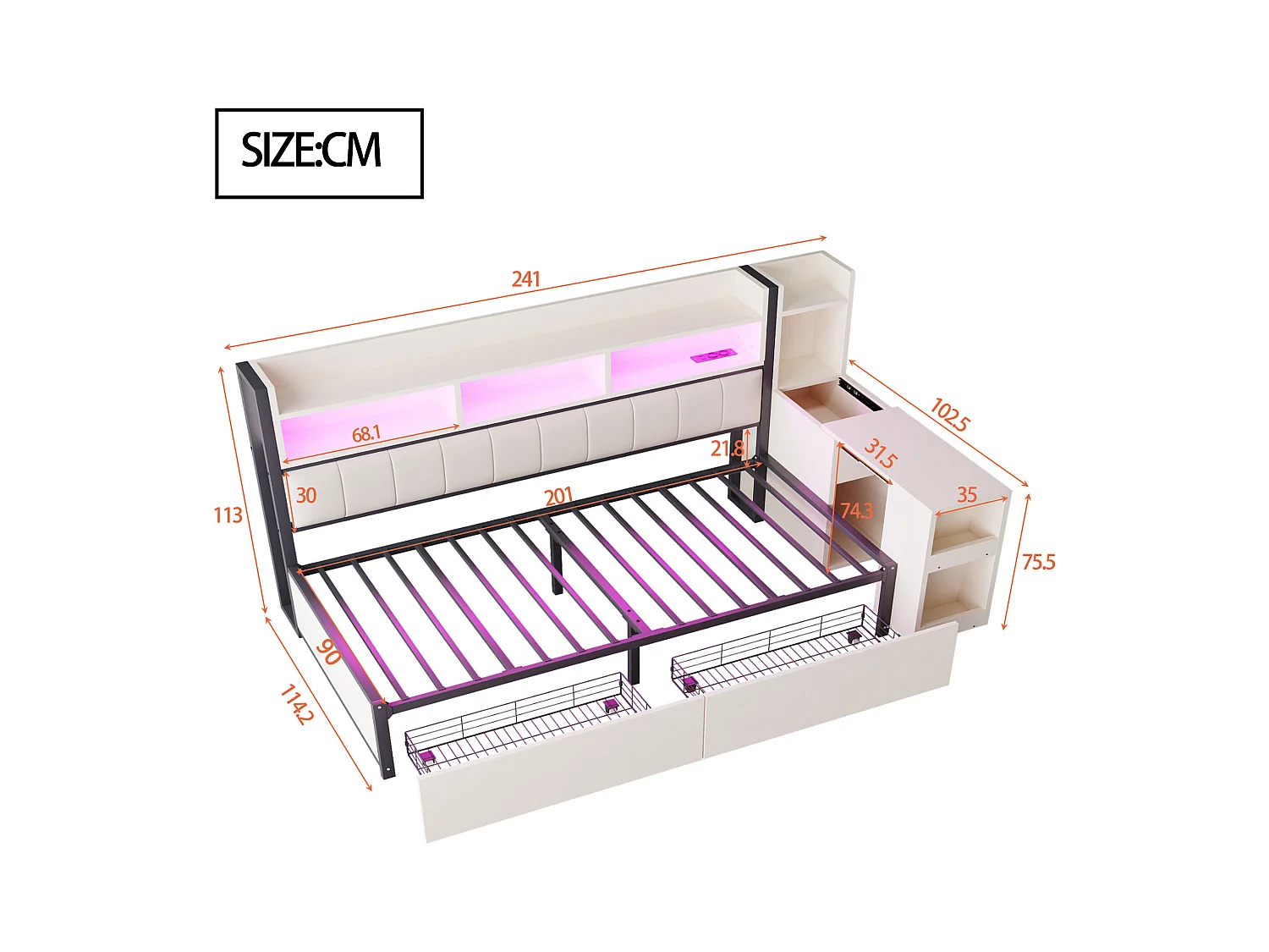 Canapé-lit en fer 90 x 200 cm - avec étagère de rangement + prise + Leds + 2 tiroirs + bureau coulissant - bois + métal - blanc