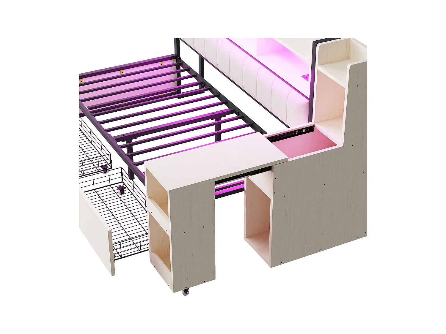 Canapé-lit en fer 90 x 200 cm - avec étagère de rangement + prise + Leds + 2 tiroirs + bureau coulissant - bois + métal - blanc