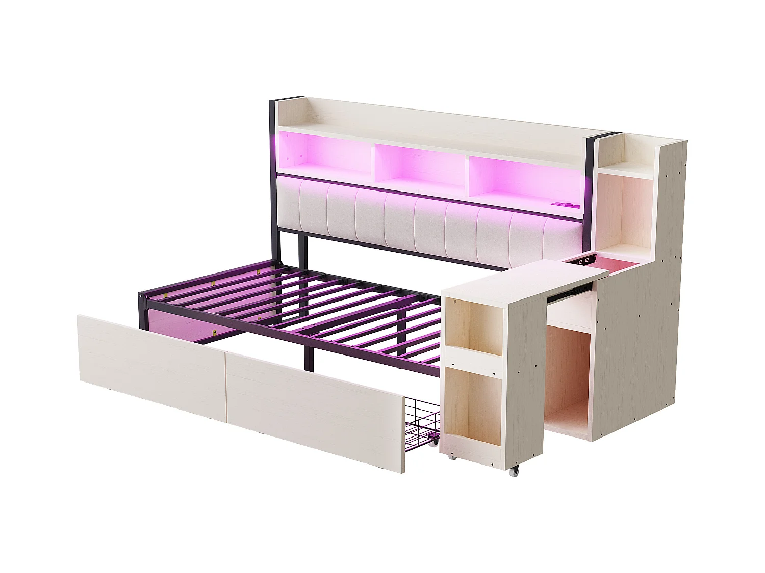 Canapé-lit en fer 90 x 200 cm - avec étagère de rangement + prise + Leds + 2 tiroirs + bureau coulissant - bois + métal - blanc