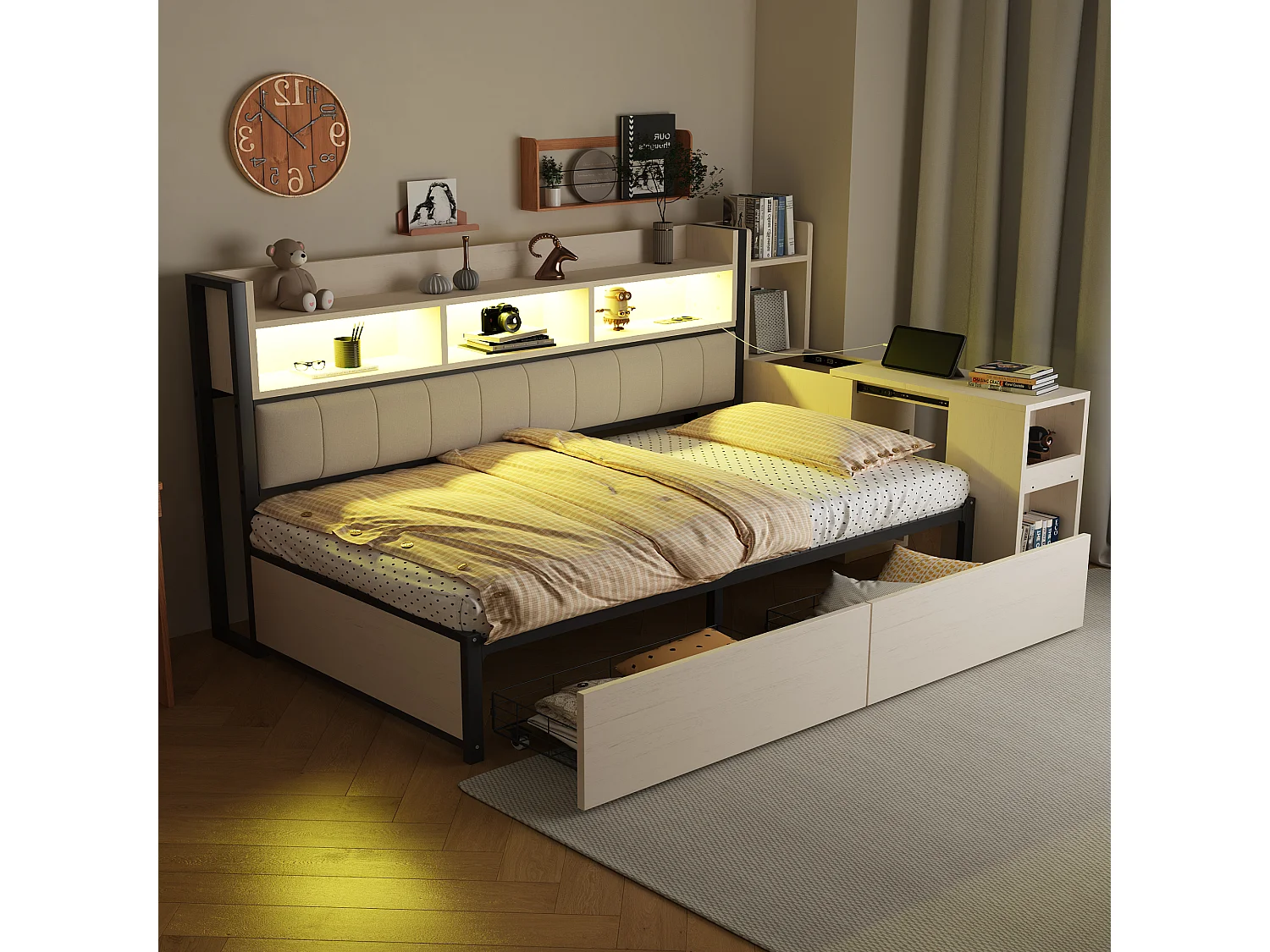 Canapé-lit en fer 90 x 200 cm - avec étagère de rangement + prise + Leds + 2 tiroirs + bureau coulissant - bois + métal - blanc