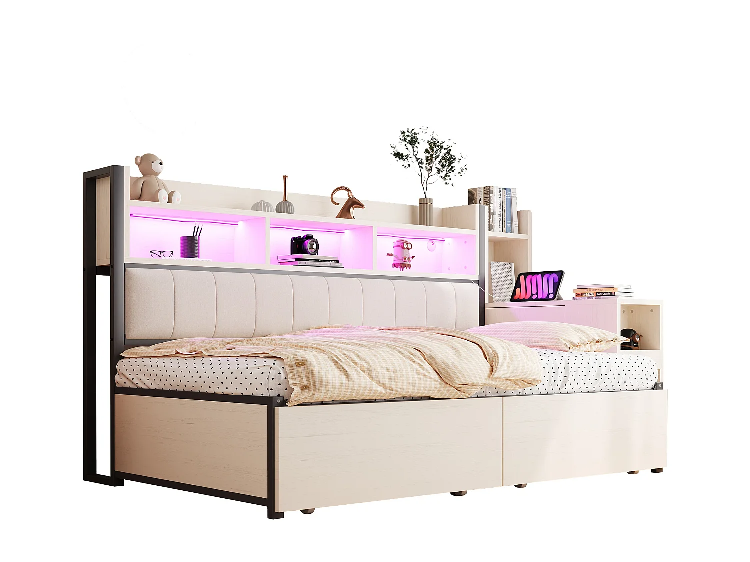 Canapé-lit en fer 90 x 200 cm - avec étagère de rangement + prise + Leds + 2 tiroirs + bureau coulissant - bois + métal - blanc