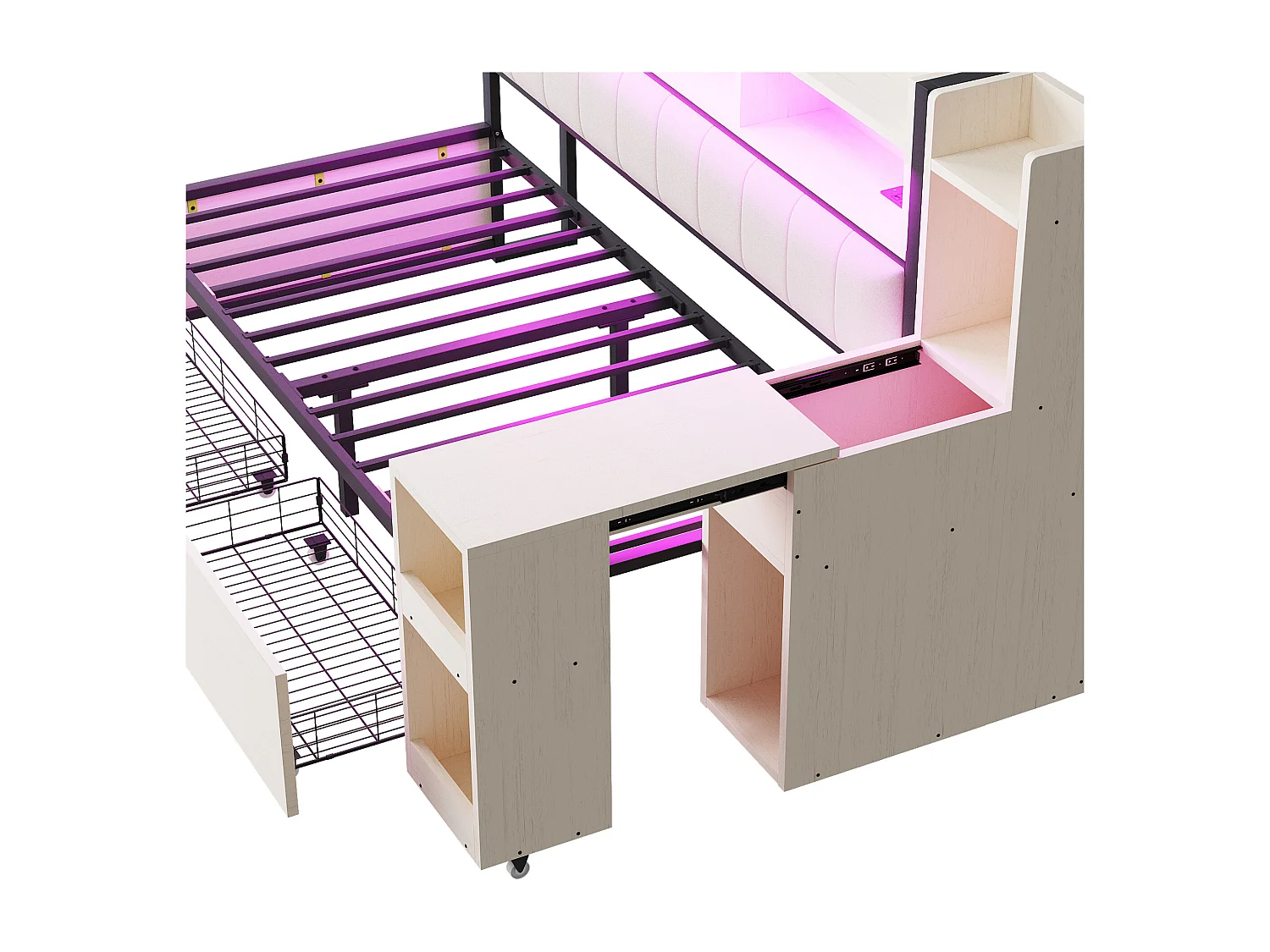 Canapé-lit en fer 90 x 200 cm - avec étagère de rangement + prise + Leds + 2 tiroirs + bureau coulissant - bois + métal - blanc