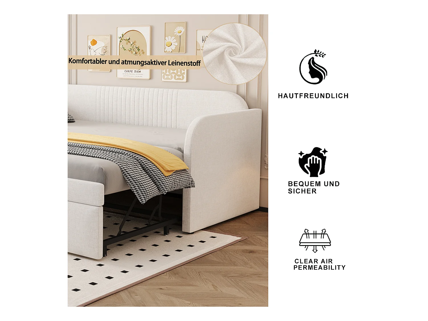 Canapé-lit gigogne à rayures verticales 90/180 x 190 cm - avec sommier à lattes - lin - beige