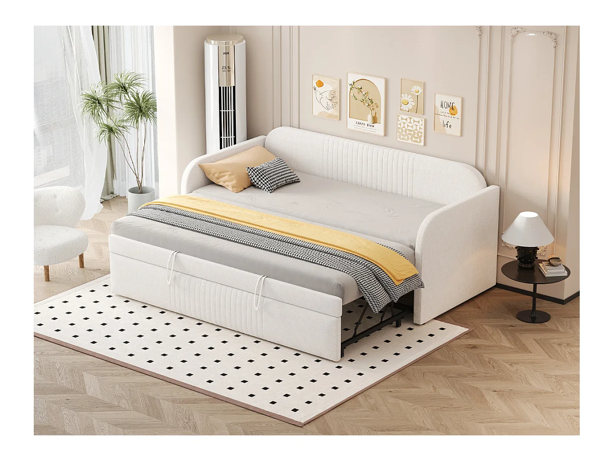 Canapé-lit gigogne à rayures verticales 90/180 x 190 cm - avec sommier à lattes - lin - beige