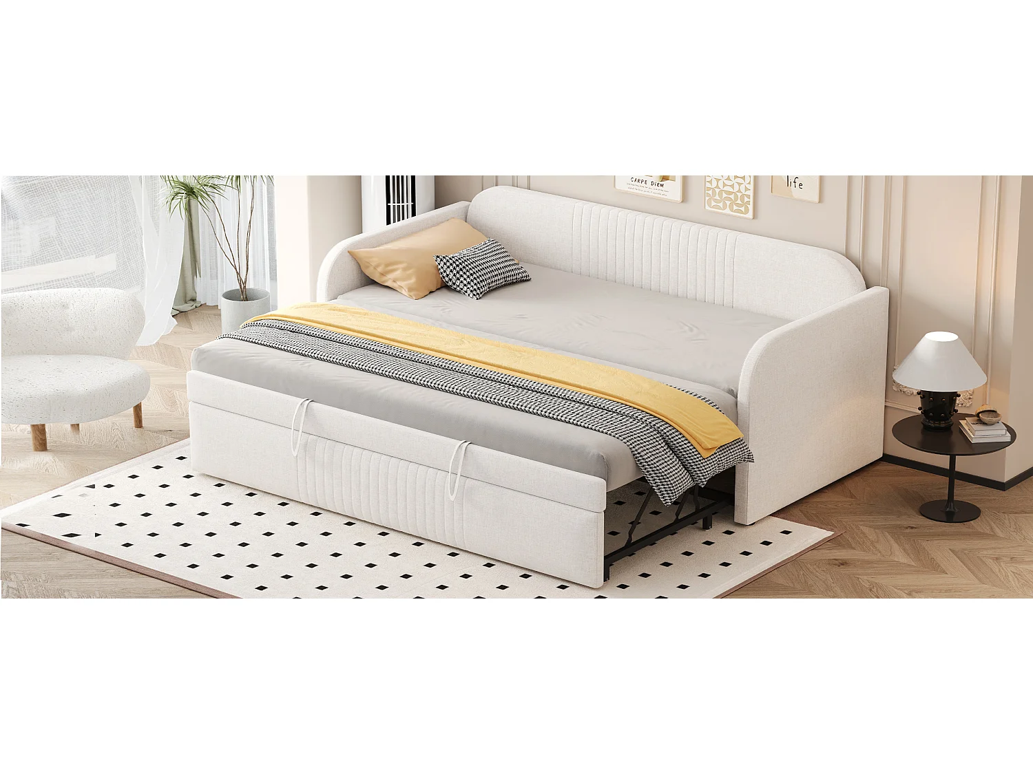 Canapé-lit gigogne à rayures verticales 90/180 x 190 cm - avec sommier à lattes - lin - beige