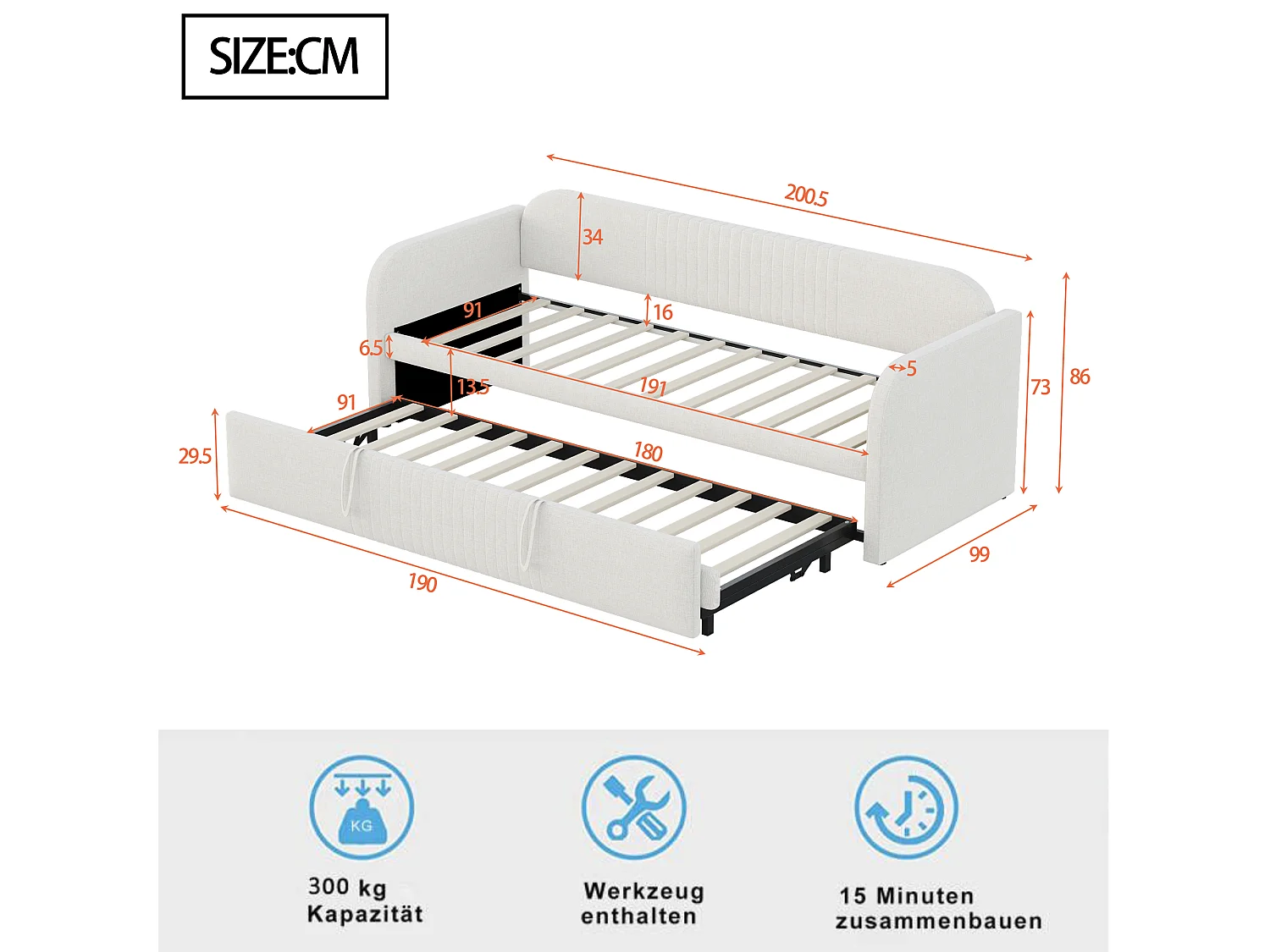 Canapé-lit gigogne à rayures verticales 90/180 x 190 cm - avec sommier à lattes - lin - beige