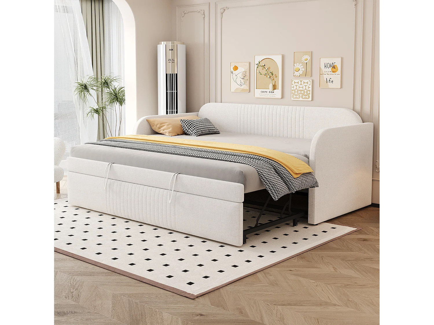 Canapé-lit gigogne à rayures verticales 90/180 x 190 cm - avec sommier à lattes - lin - beige