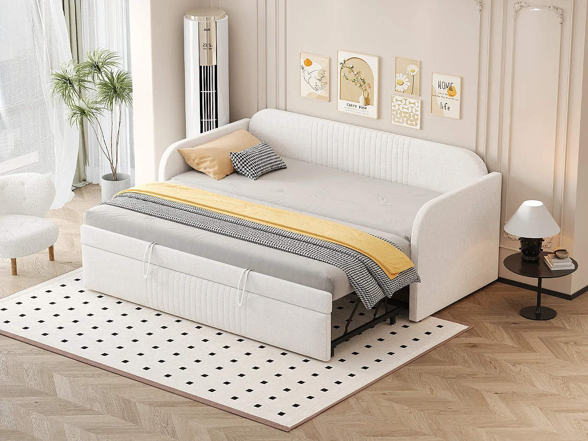 Canapé-lit gigogne à rayures verticales 90/180 x 190 cm - avec sommier à lattes - lin - beige