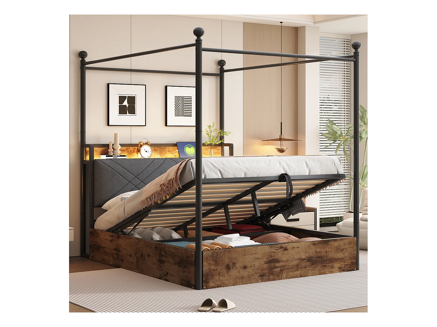 Lit coffre en fer - 140 x 190 cm - avec rangement hydrauliquement + Leds + USB/Type-C - noir