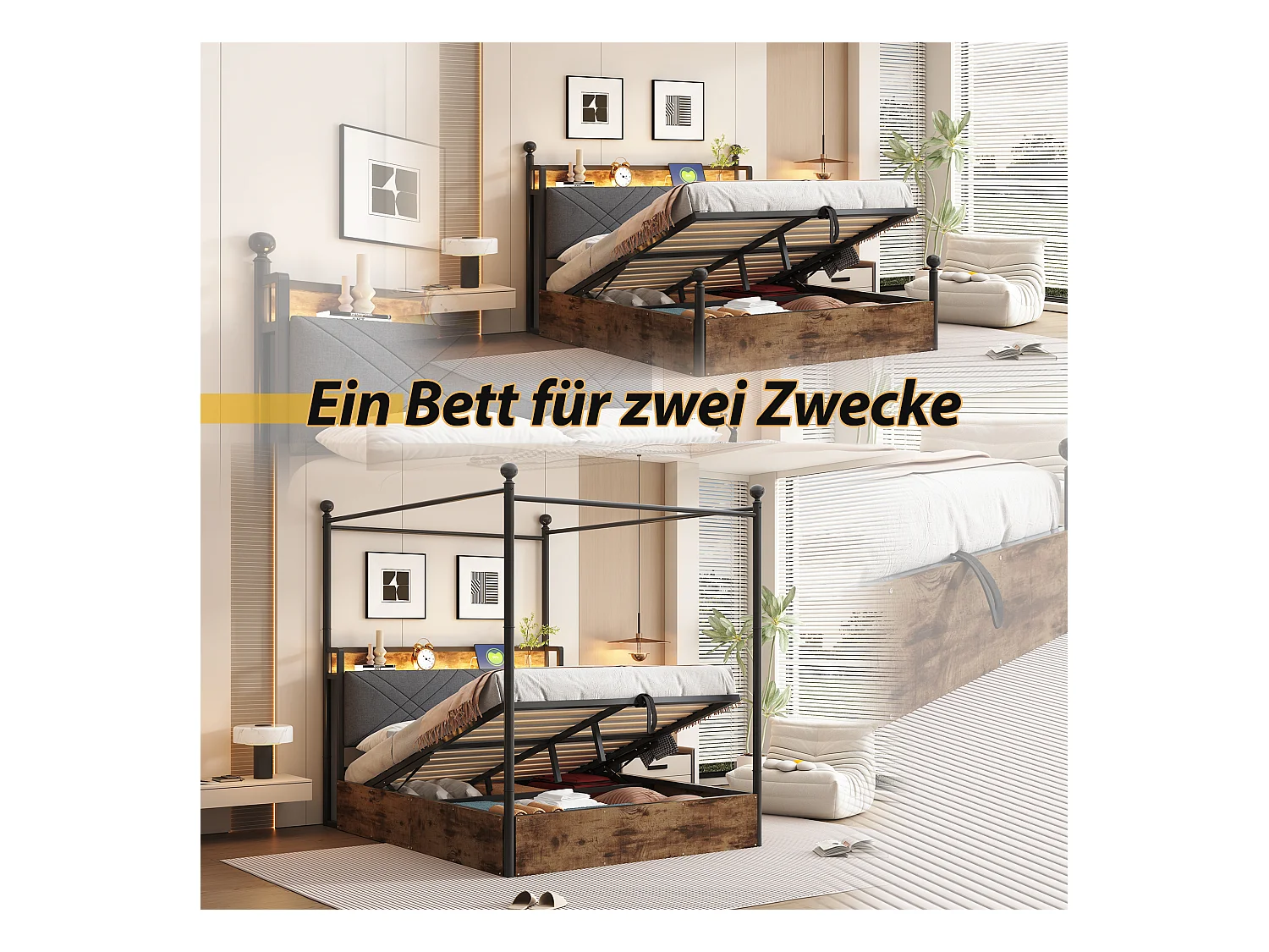 Lit coffre en fer - 140 x 190 cm - avec rangement hydrauliquement + Leds + USB/Type-C - noir