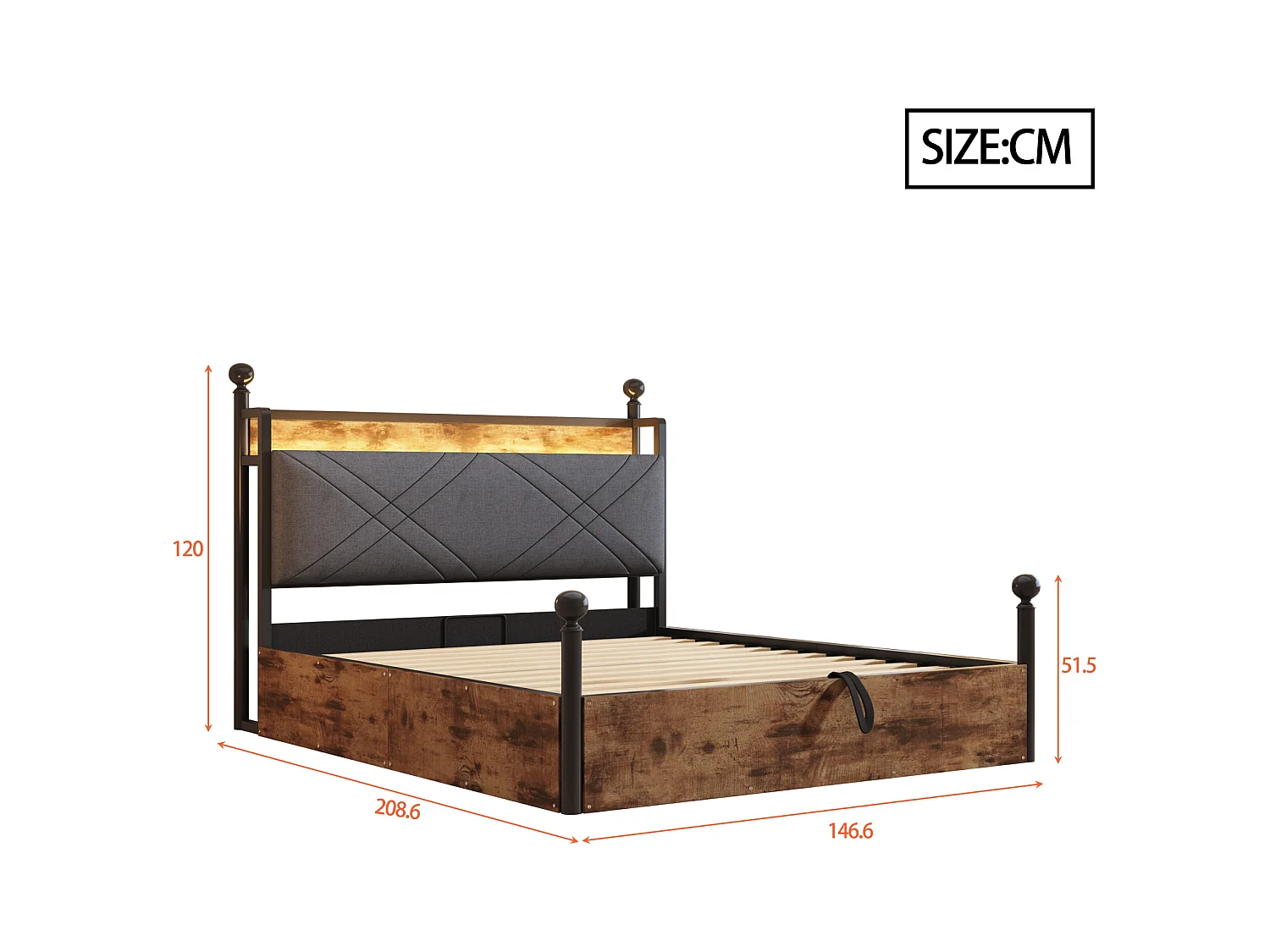 Lit coffre en fer - 140 x 190 cm - avec rangement hydrauliquement + Leds + USB/Type-C - noir