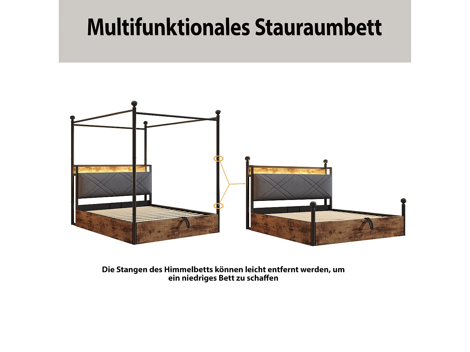 Lit coffre en fer - 140 x 190 cm - avec rangement hydrauliquement + Leds + USB/Type-C - noir