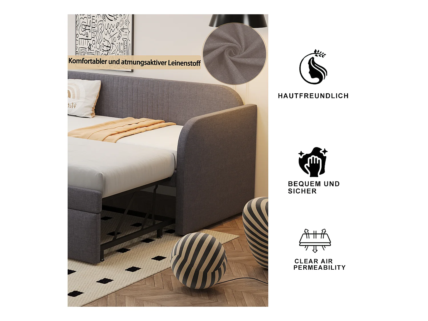 Canapé-lit gigogne à rayures verticales 90/180 x 190 cm - avec sommier à lattes - lin - gris