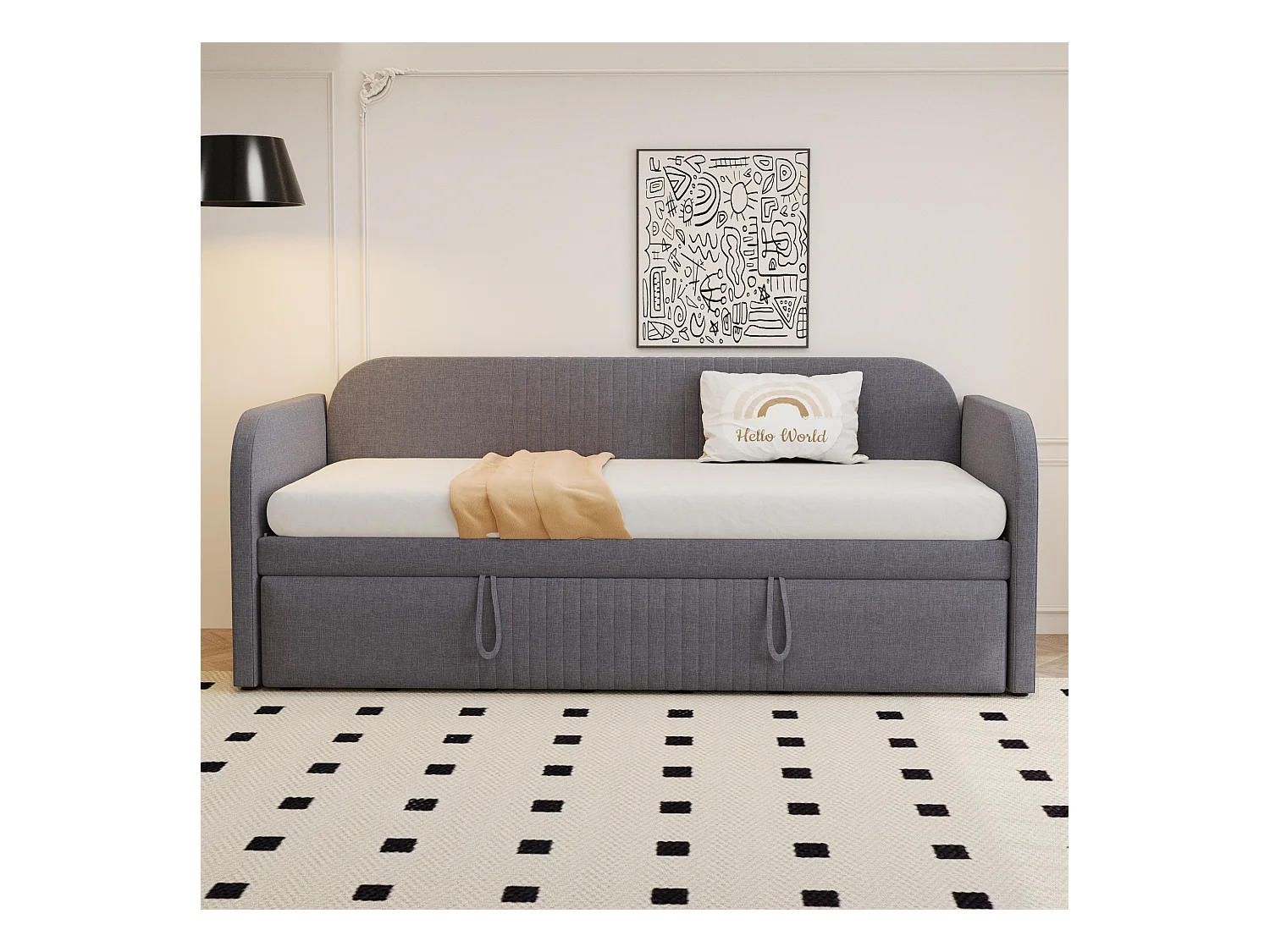 Canapé-lit gigogne à rayures verticales 90/180 x 190 cm - avec sommier à lattes - lin - gris