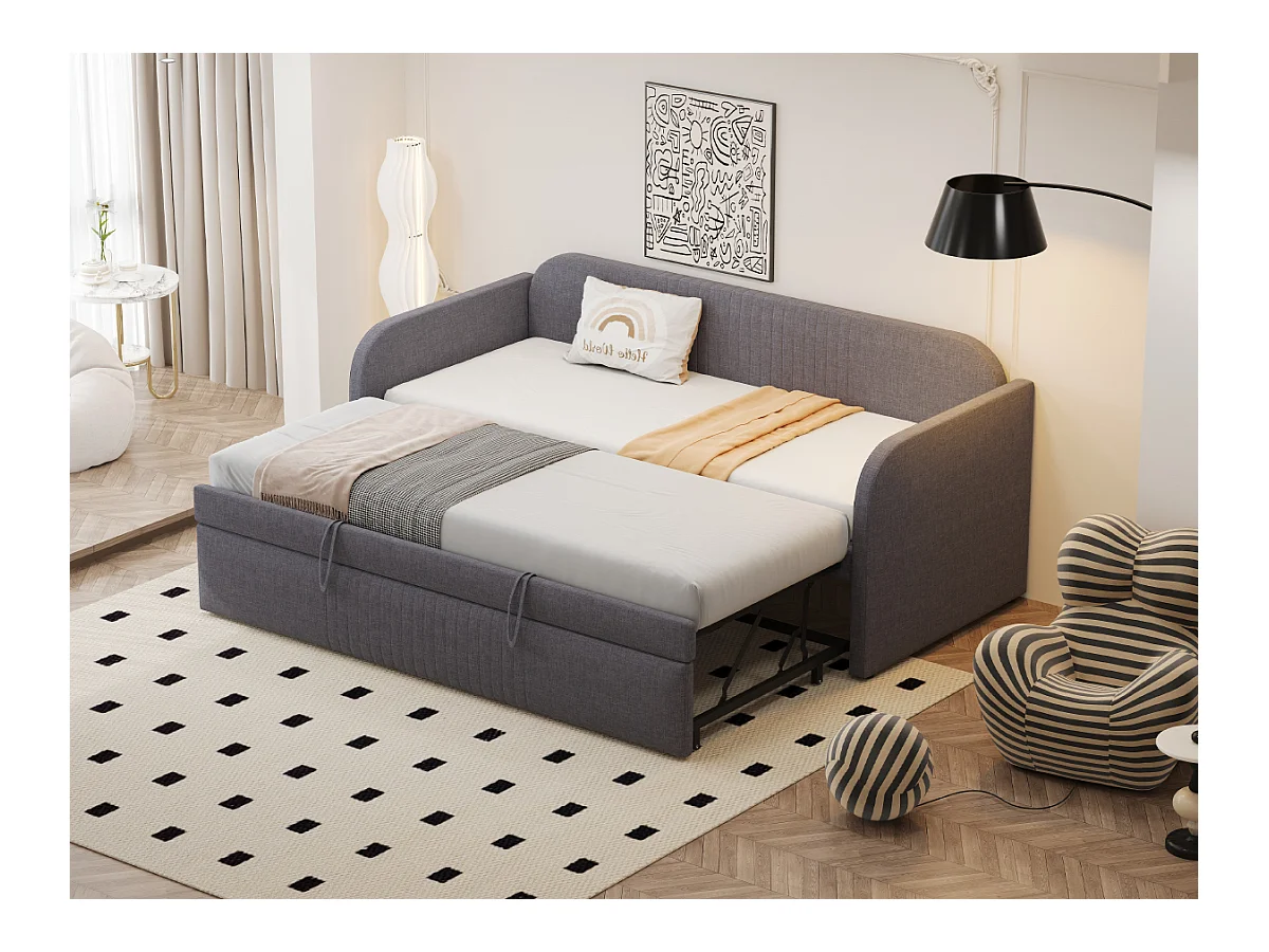 Canapé-lit gigogne à rayures verticales 90/180 x 190 cm - avec sommier à lattes - lin - gris