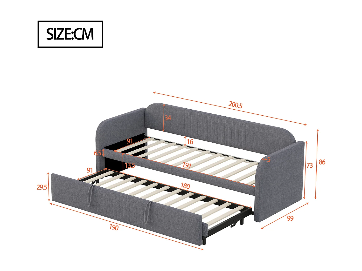 Canapé-lit gigogne à rayures verticales 90/180 x 190 cm - avec sommier à lattes - lin - gris