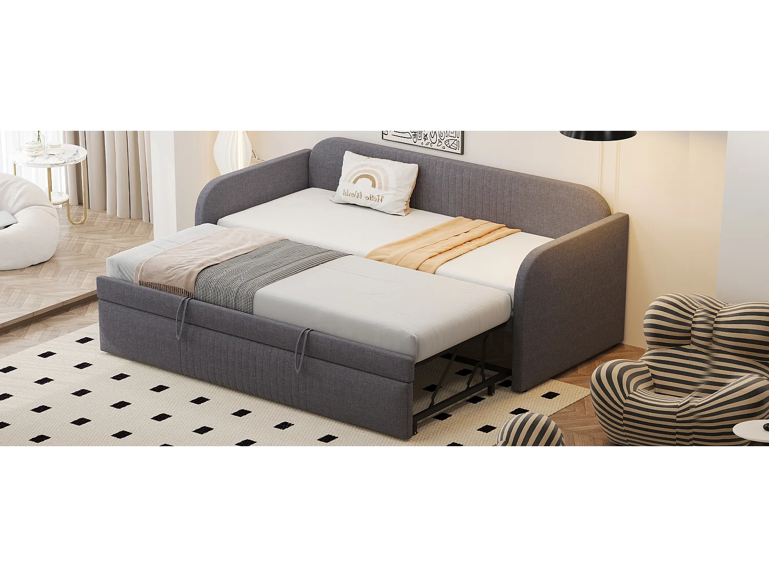 Canapé-lit gigogne à rayures verticales 90/180 x 190 cm - avec sommier à lattes - lin - gris