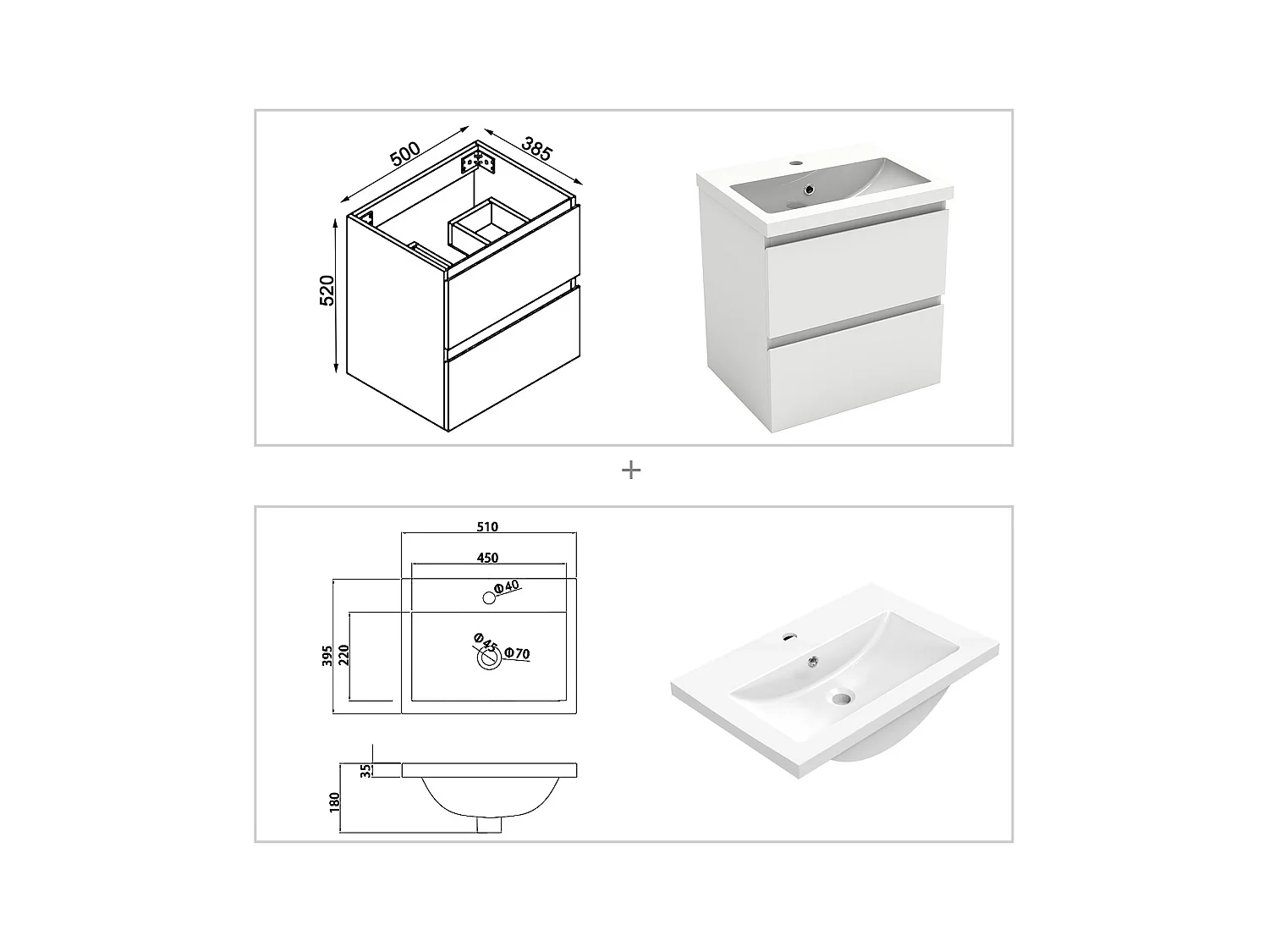 Mueble de baño flotante con lavabo, 50 x 38.5 x 52 cm, Blanco Mate,Con 2 Cajones, Muebles de Alta Calidad, AICA