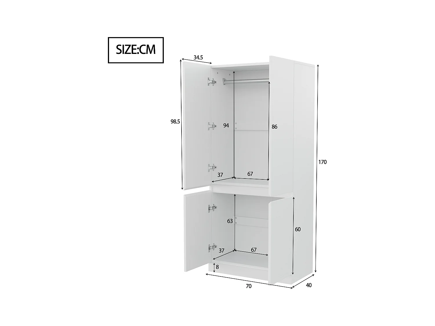 Armoire à 2 portes avec compartiment de rangement - 70 x 40 x 170 cm - bois - blanc