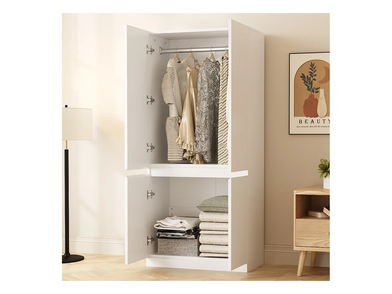 Armoire à 2 portes avec compartiment de rangement - 70 x 40 x 170 cm - bois - blanc
