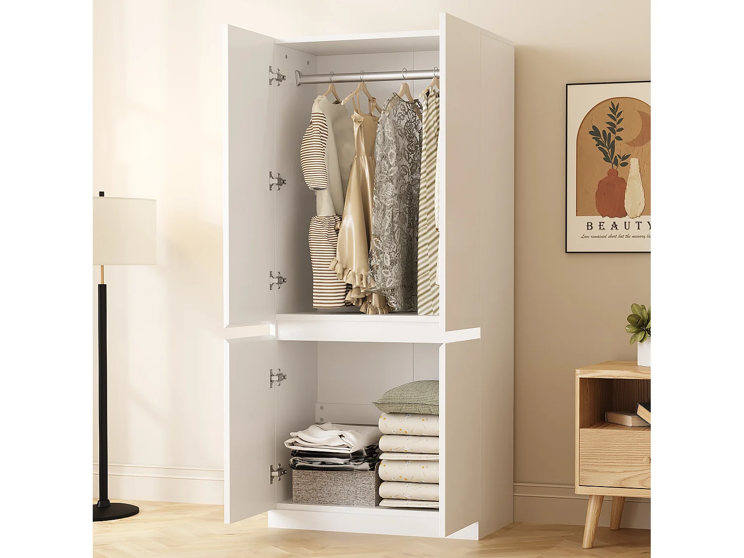 Armoire à 2 portes avec compartiment de rangement - 70 x 40 x 170 cm - bois - blanc