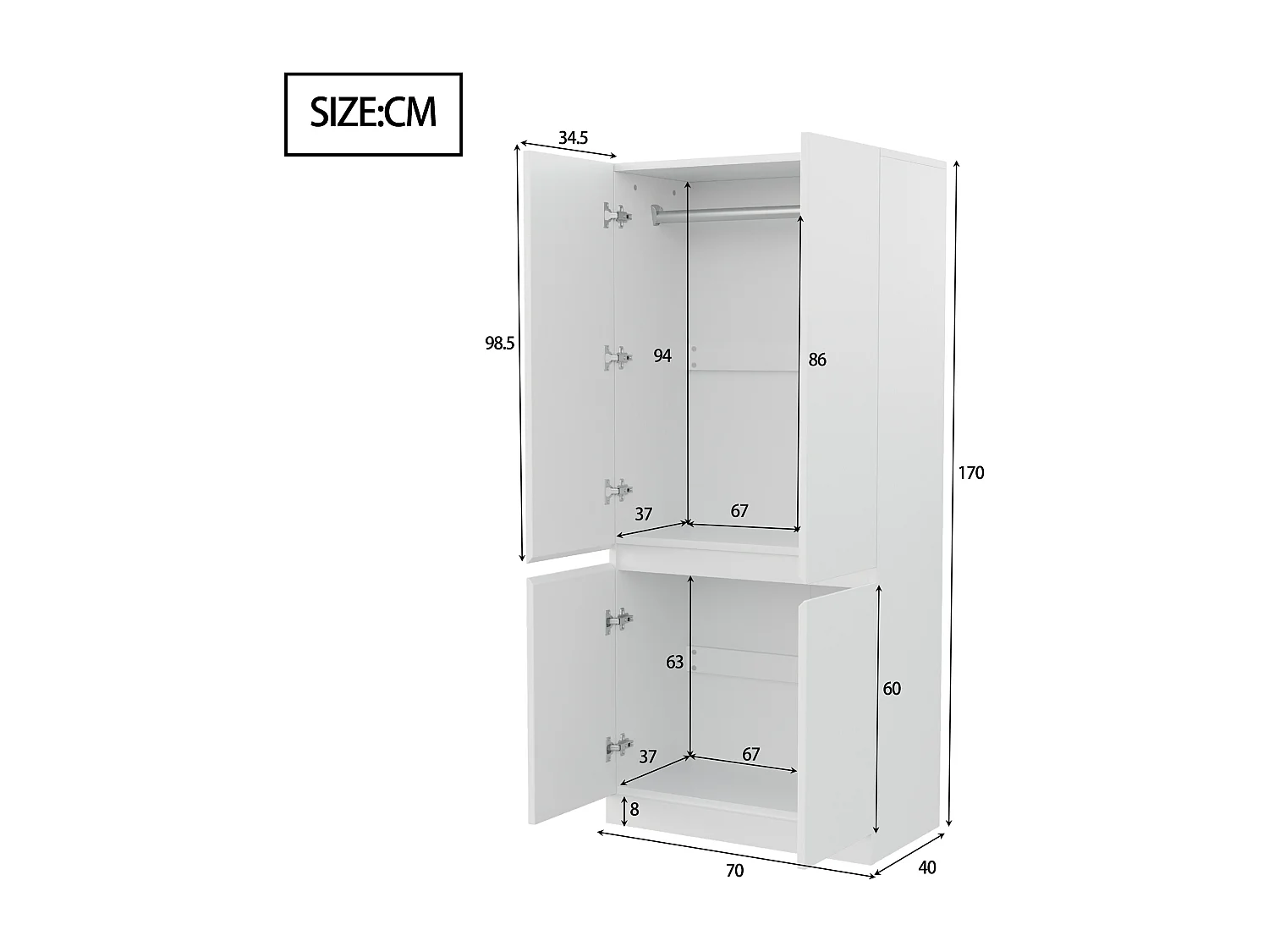 Armoire à 2 portes avec compartiment de rangement - 70 x 40 x 170 cm - bois - blanc