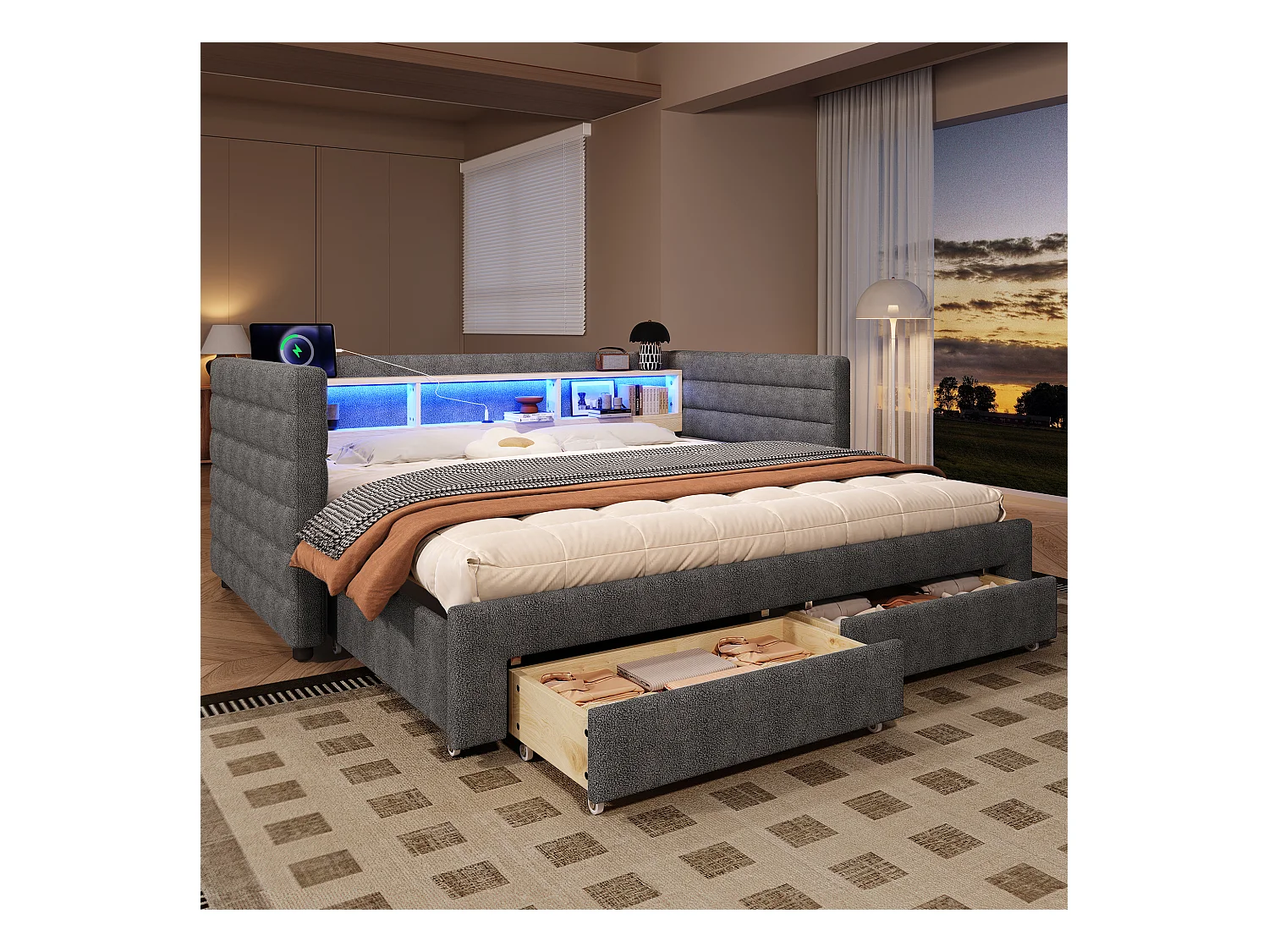 Canapé-lit 90/180 x 190 cm - design lit gigogne - avec USB + Type-C + 2 tiroirs + Leds + rangements - velours - gris