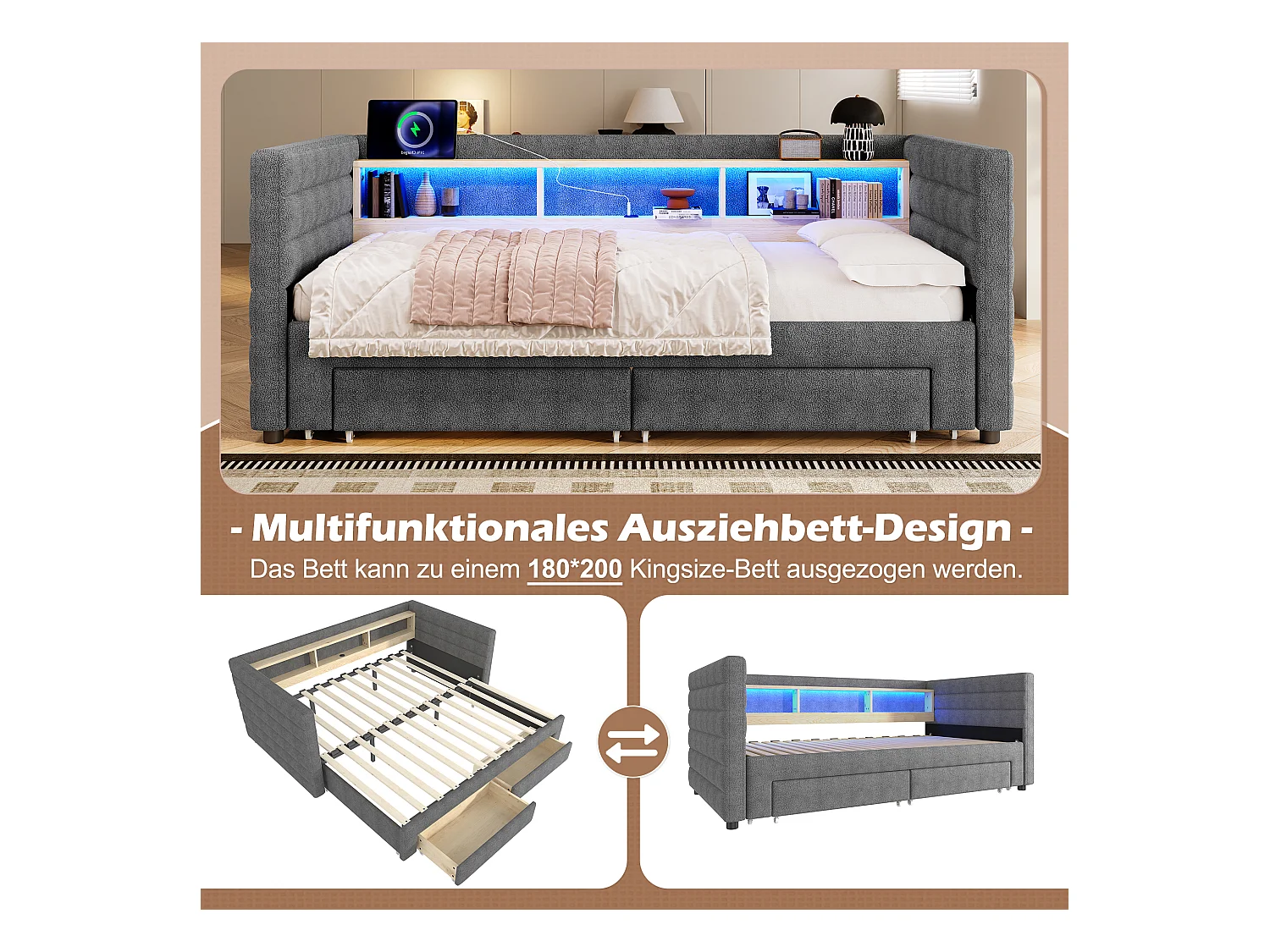 Canapé-lit 90/180 x 190 cm - design lit gigogne - avec USB + Type-C + 2 tiroirs + Leds + rangements - velours - gris