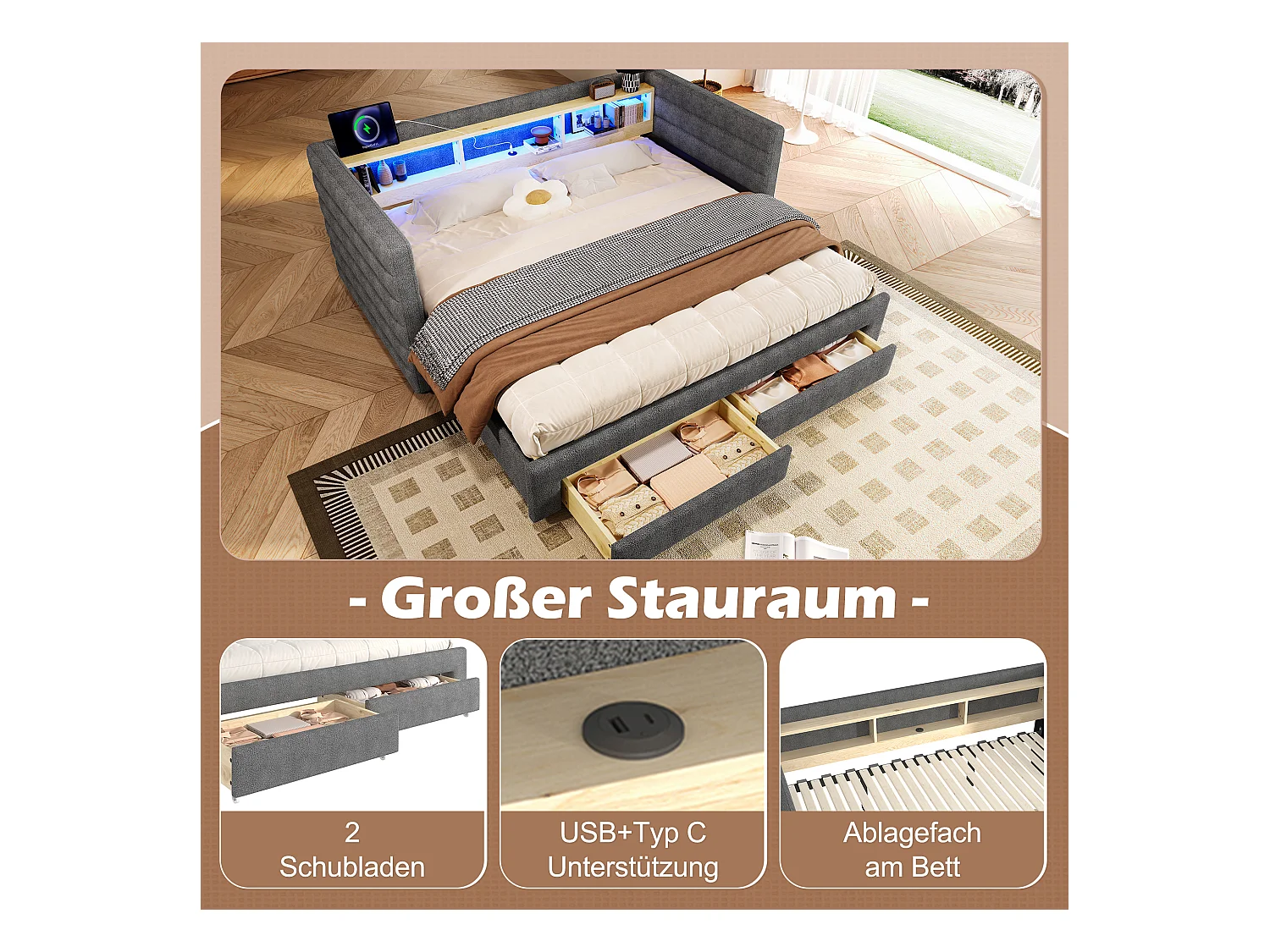 Canapé-lit 90/180 x 190 cm - design lit gigogne - avec USB + Type-C + 2 tiroirs + Leds + rangements - velours - gris