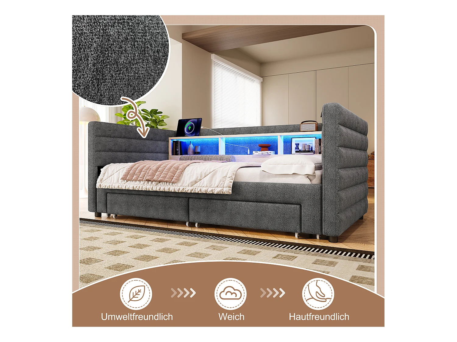 Canapé-lit 90/180 x 190 cm - design lit gigogne - avec USB + Type-C + 2 tiroirs + Leds + rangements - velours - gris