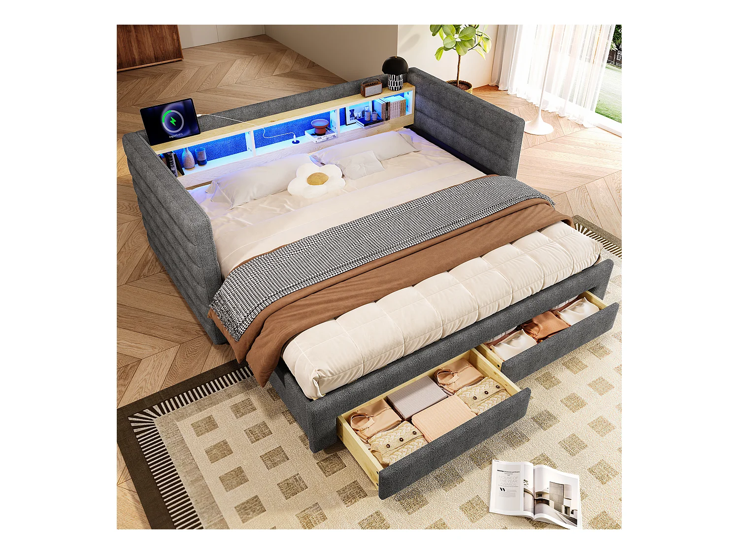 Canapé-lit 90/180 x 190 cm - design lit gigogne - avec USB + Type-C + 2 tiroirs + Leds + rangements - velours - gris