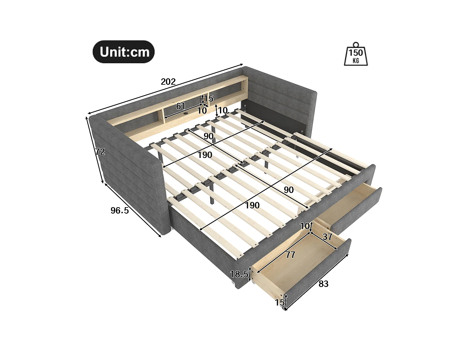 Canapé-lit 90/180 x 190 cm - design lit gigogne - avec USB + Type-C + 2 tiroirs + Leds + rangements - velours - gris