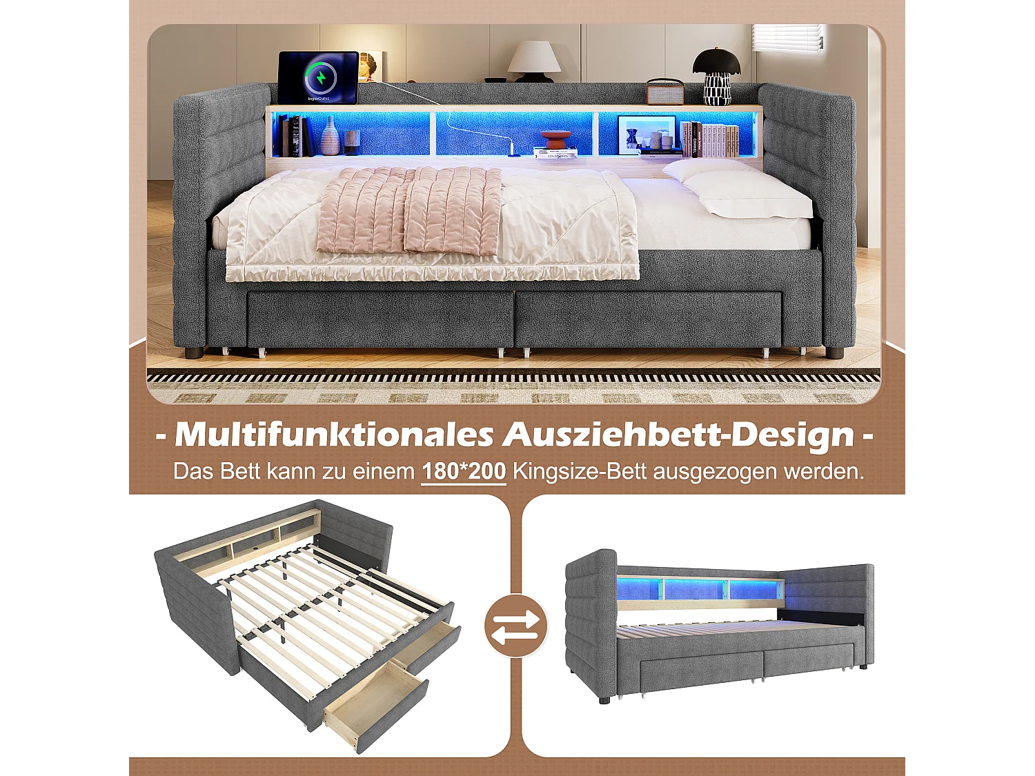 Canapé-lit 90/180 x 190 cm - design lit gigogne - avec USB + Type-C + 2 tiroirs + Leds + rangements - velours - gris