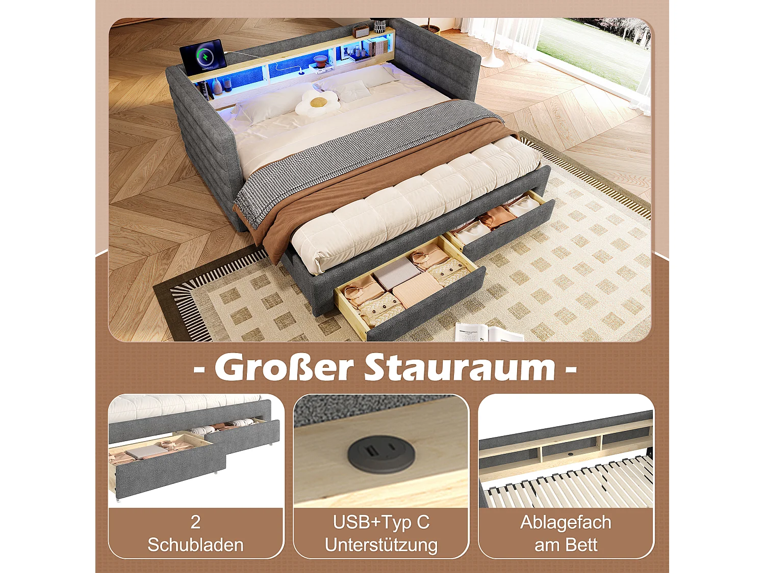 Canapé-lit 90/180 x 190 cm - design lit gigogne - avec USB + Type-C + 2 tiroirs + Leds + rangements - velours - gris