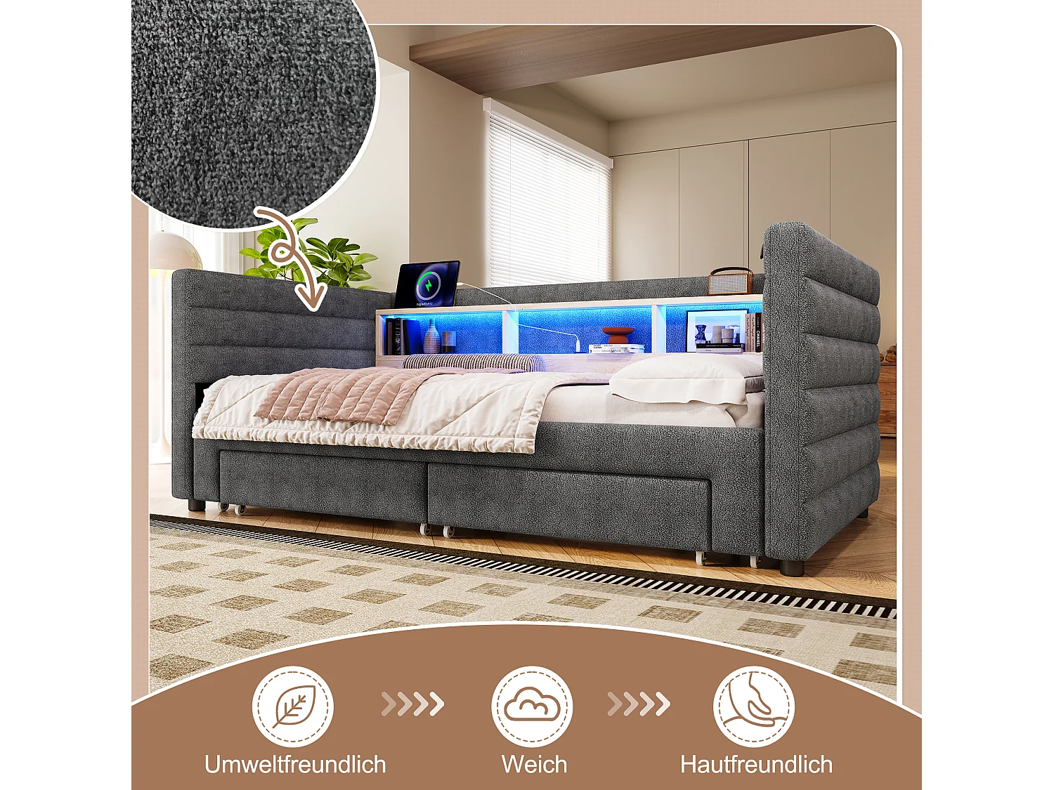 Canapé-lit 90/180 x 190 cm - design lit gigogne - avec USB + Type-C + 2 tiroirs + Leds + rangements - velours - gris