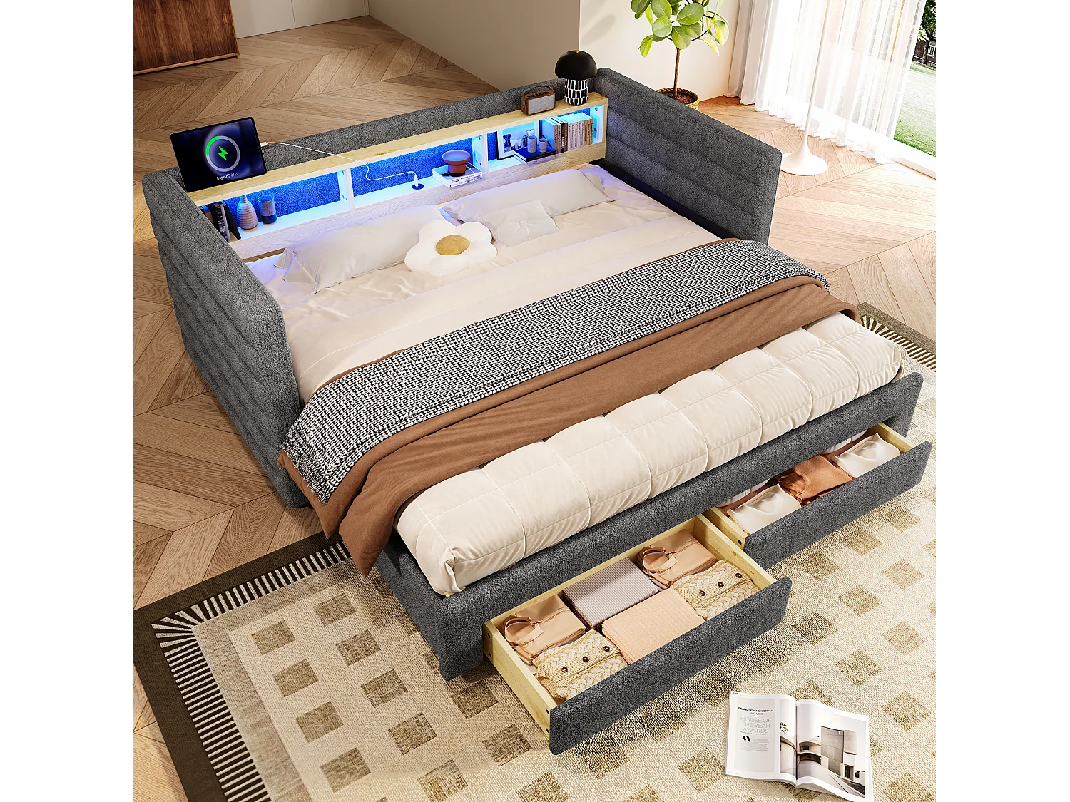 Canapé-lit 90/180 x 190 cm - design lit gigogne - avec USB + Type-C + 2 tiroirs + Leds + rangements - velours - gris