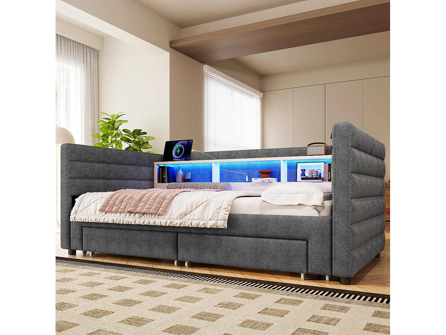 Canapé-lit 90/180 x 190 cm - design lit gigogne - avec USB + Type-C + 2 tiroirs + Leds + rangements - velours - gris