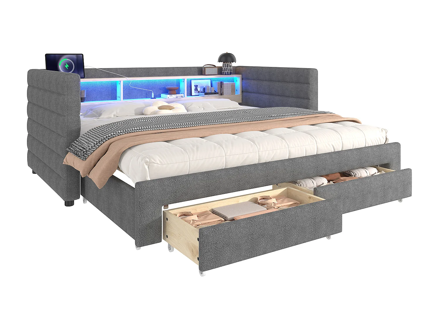 Canapé-lit 90/180 x 190 cm - design lit gigogne - avec USB + Type-C + 2 tiroirs + Leds + rangements - velours - gris