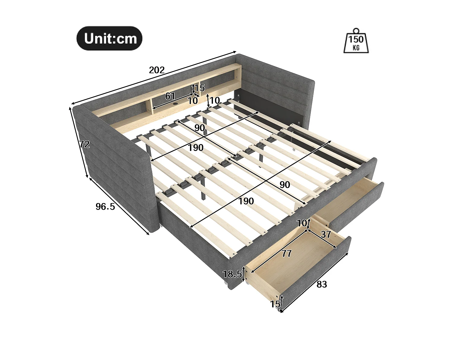 Canapé-lit 90/180 x 190 cm - design lit gigogne - avec USB + Type-C + 2 tiroirs + Leds + rangements - velours - gris