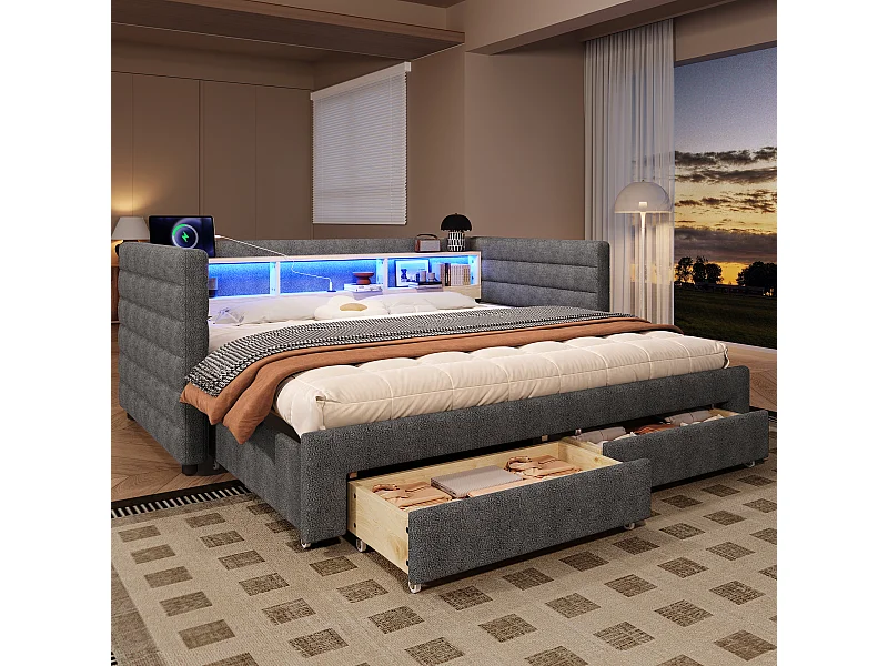 Canapé-lit 90/180 x 190 cm - design lit gigogne - avec USB + Type-C + 2 tiroirs + Leds + rangements - velours - gris