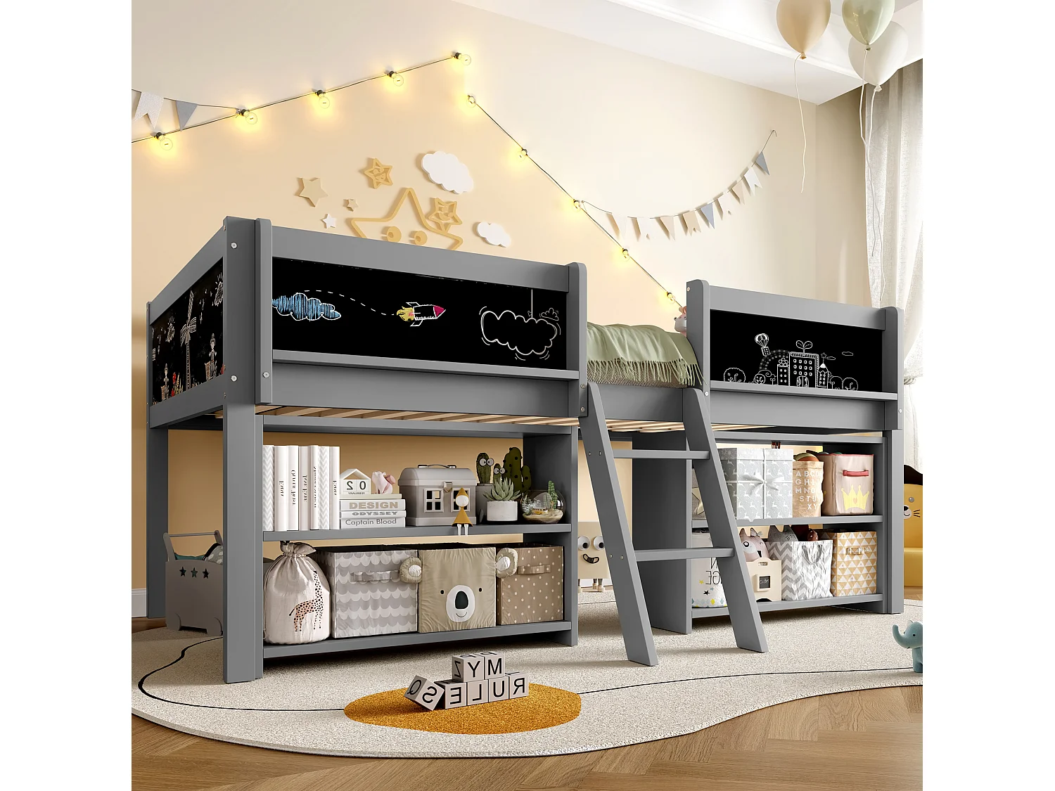 Lit mi-hauteur enfant 90 x 200 cm avec étagères de rangement - Bois de pin + MDF - Sommier à lattes - gris