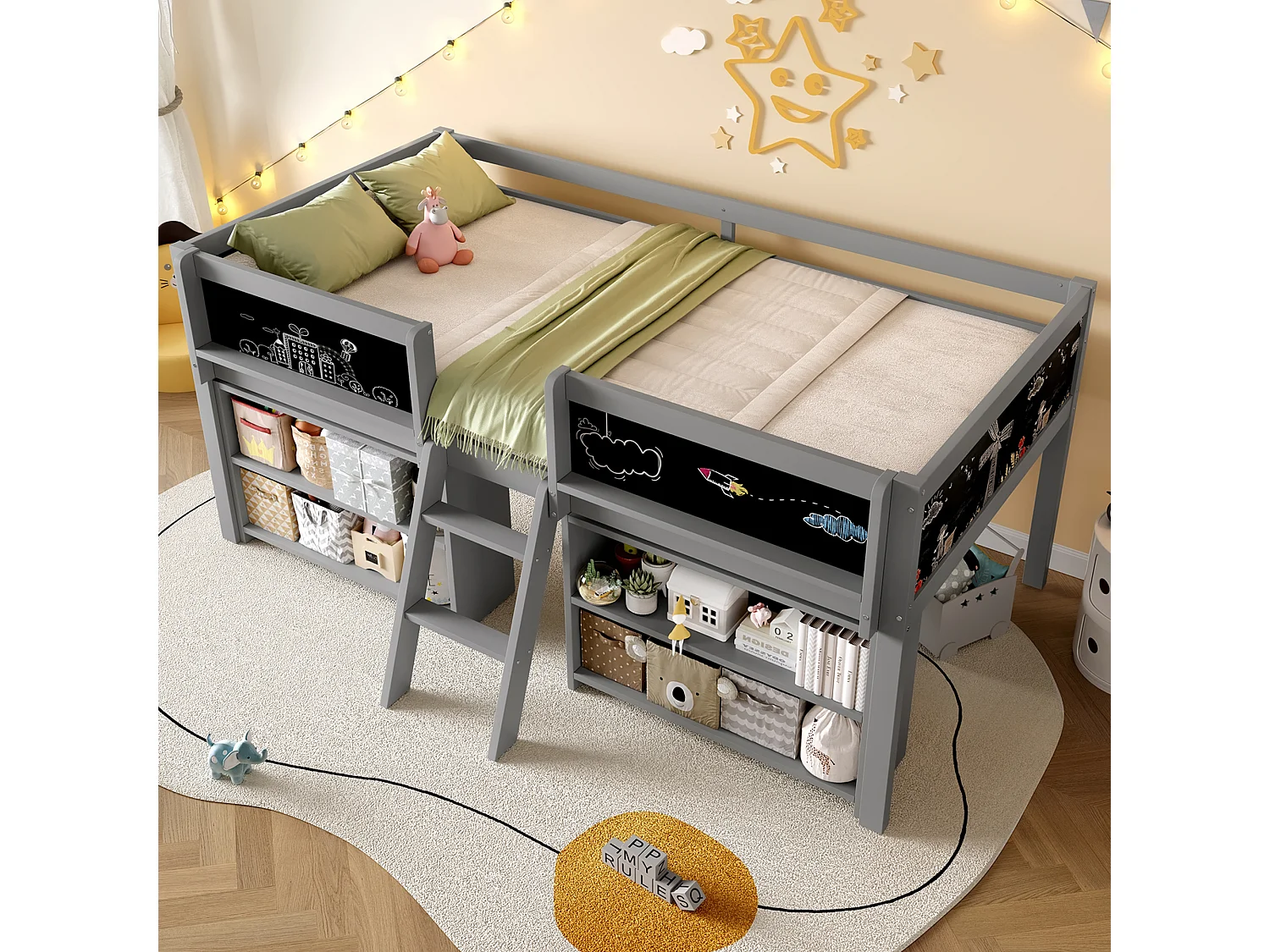 Lit mi-hauteur enfant 90 x 200 cm avec étagères de rangement - Bois de pin + MDF - Sommier à lattes - gris