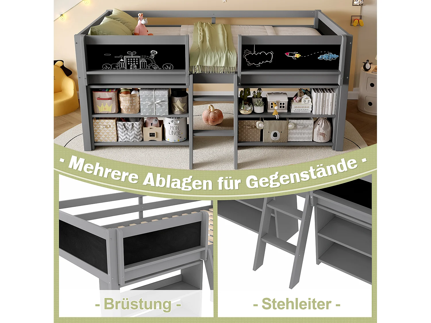 Lit mi-hauteur enfant 90 x 200 cm avec étagères de rangement - Bois de pin + MDF - Sommier à lattes - gris