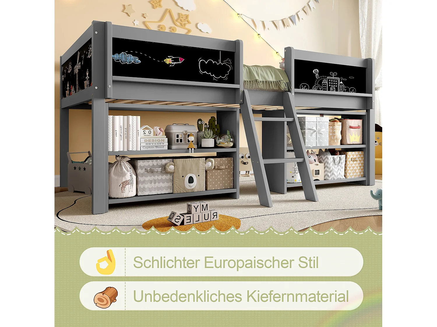 Lit mi-hauteur enfant 90 x 200 cm avec étagères de rangement - Bois de pin + MDF - Sommier à lattes - gris