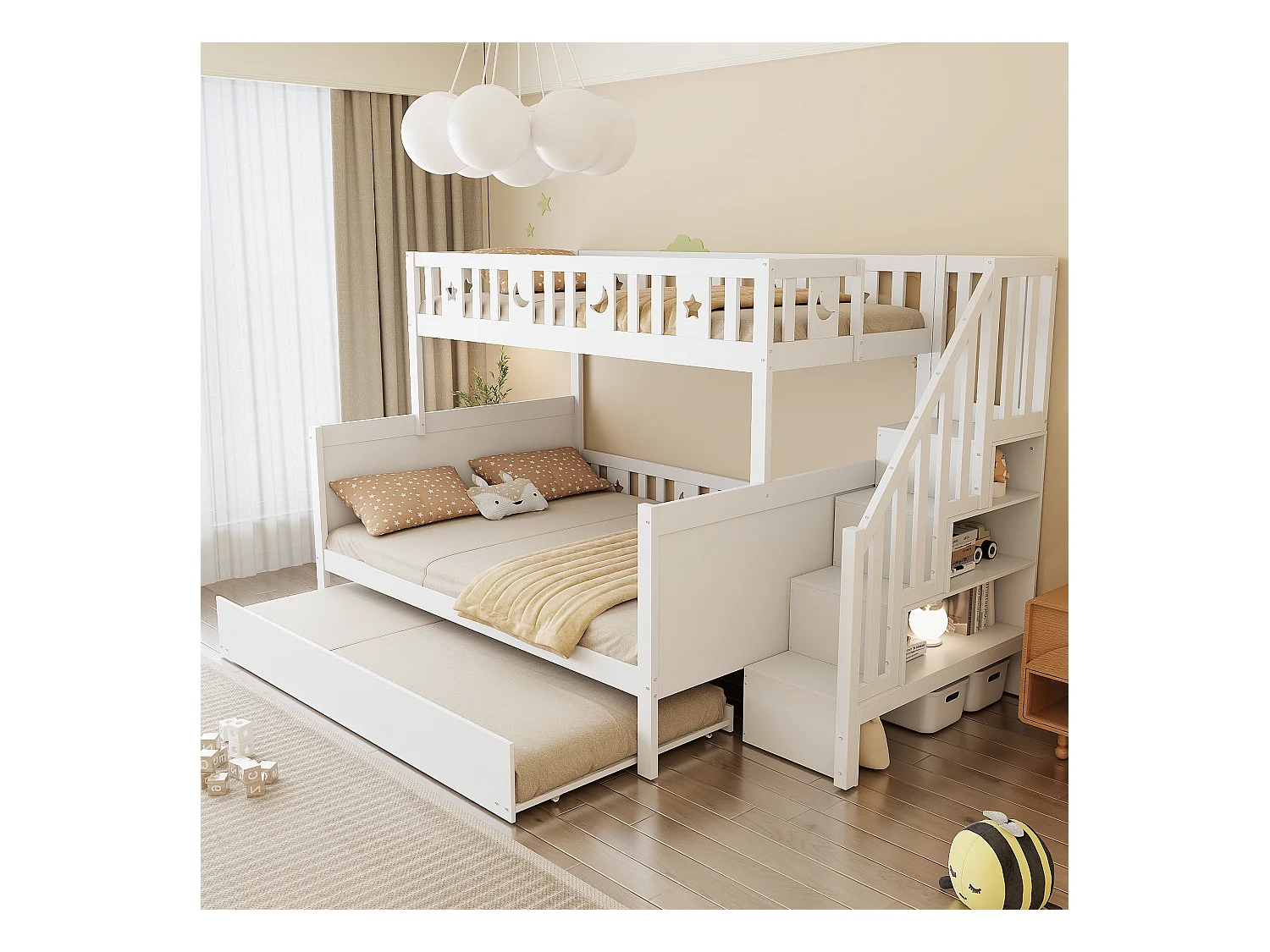 Lit superposés enfant - 90 x 200 + 140 x 200 cm - avec escalier de rangement + lit gigogne - bois - blanc