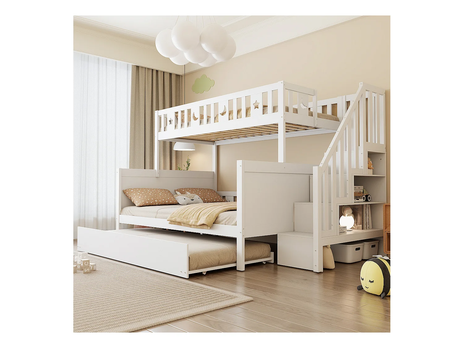 Lit superposés enfant - 90 x 200 + 140 x 200 cm - avec escalier de rangement + lit gigogne - bois - blanc