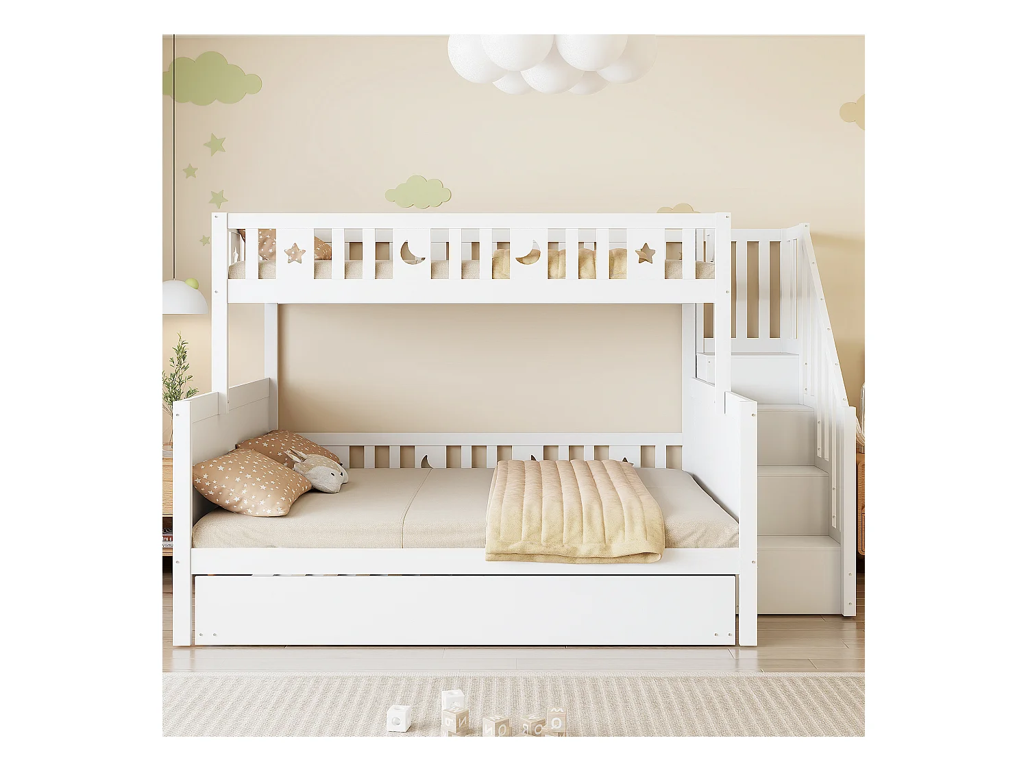 Lit superposés enfant - 90 x 200 + 140 x 200 cm - avec escalier de rangement + lit gigogne - bois - blanc