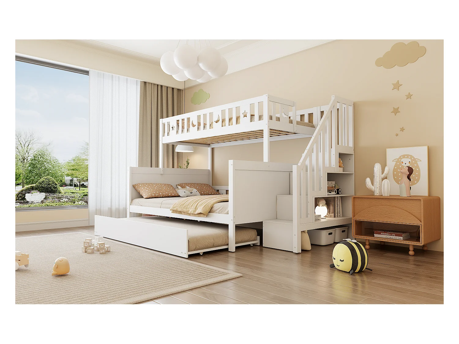 Lit superposés enfant - 90 x 200 + 140 x 200 cm - avec escalier de rangement + lit gigogne - bois - blanc